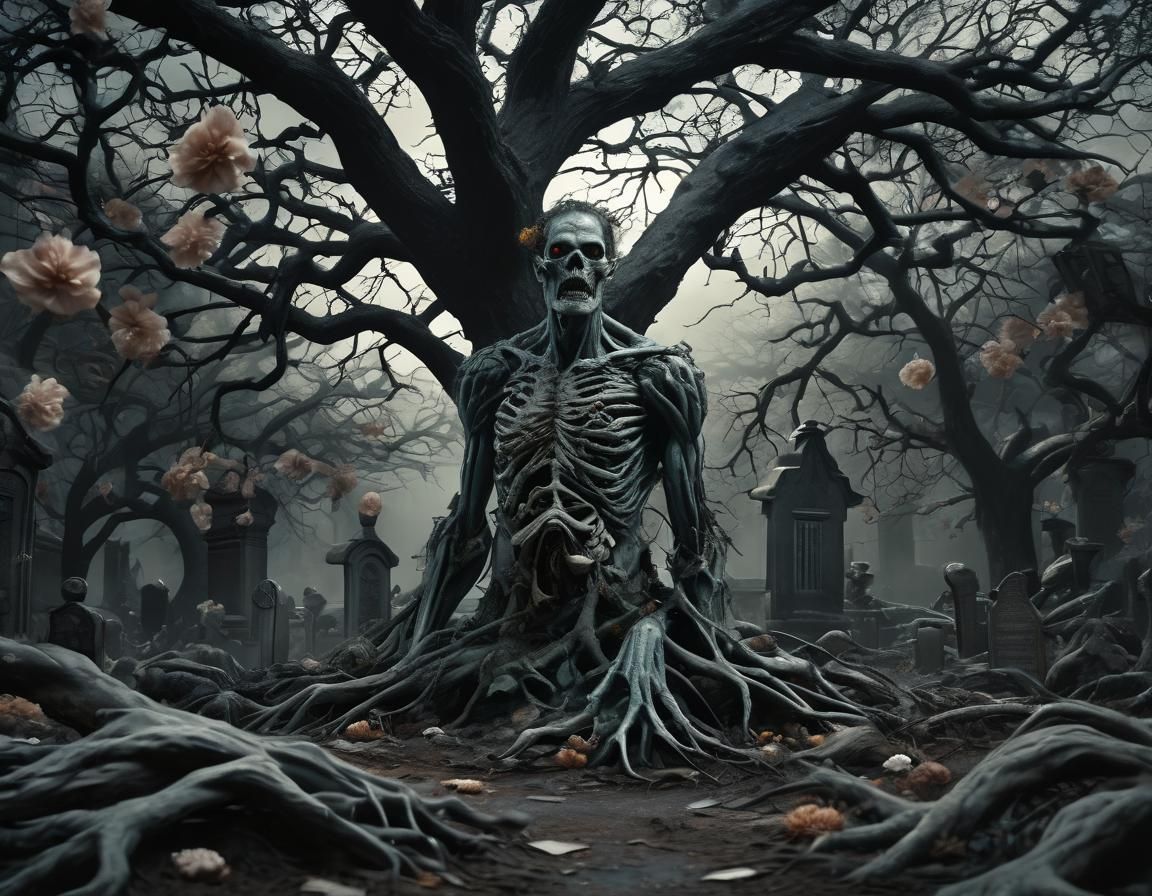 Zombie Emerges from Flower in Graveyard: Dark Surrealism