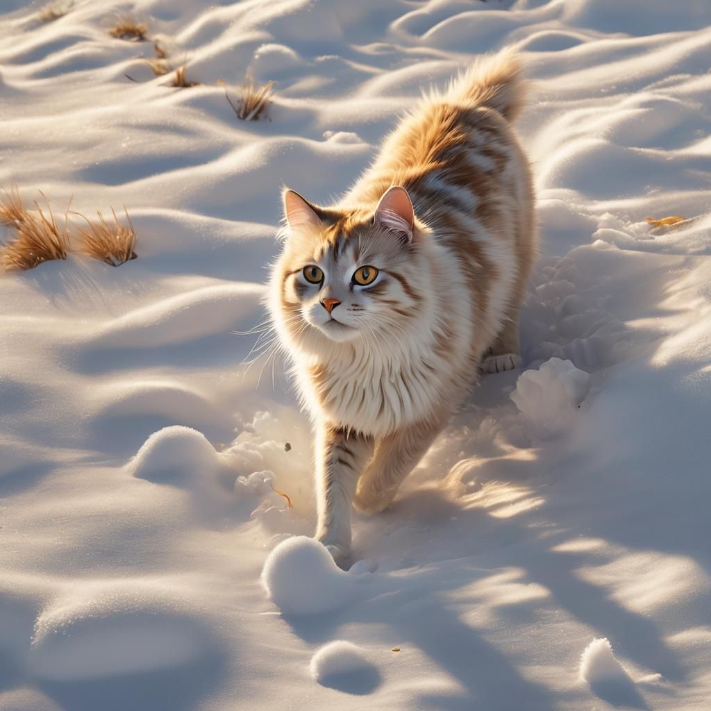 Cat Trekking Through Snow: Hyperrealistic Digital Art