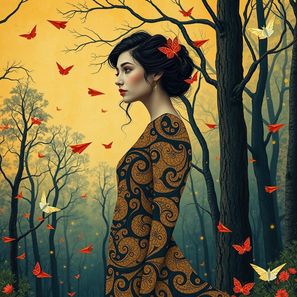Whimsical Forest Scene with Woman in Klimt Style