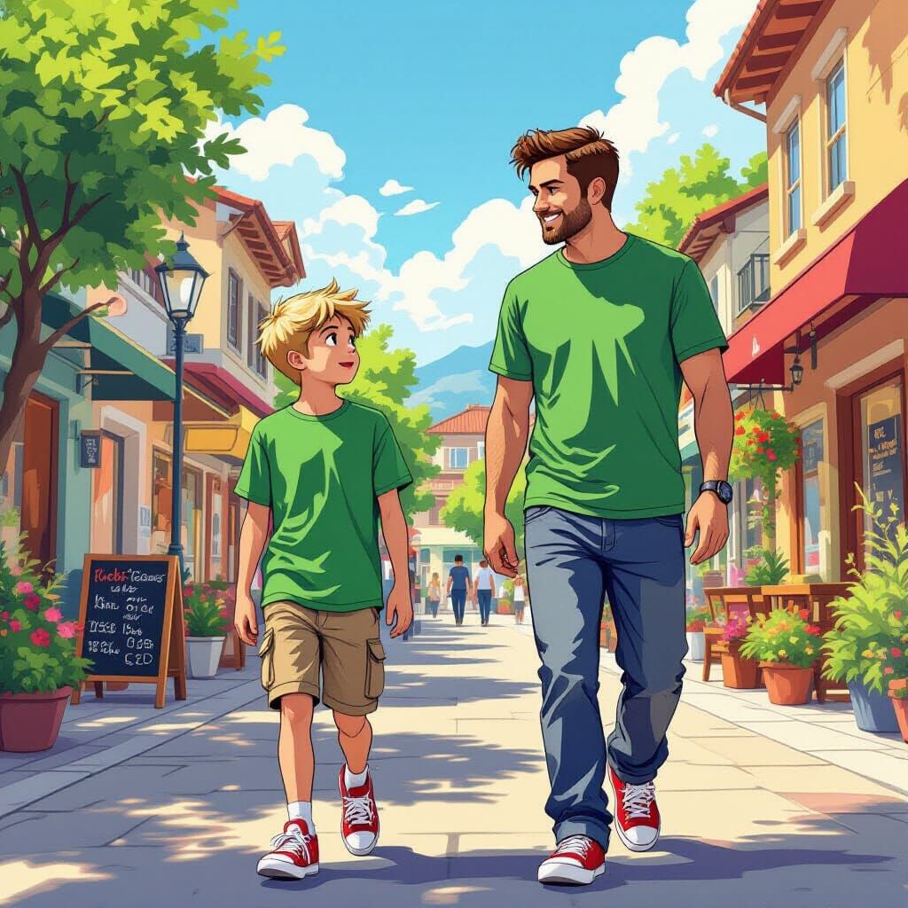 Teenage Boy in Green T-Shirt Visits Town with Dad
