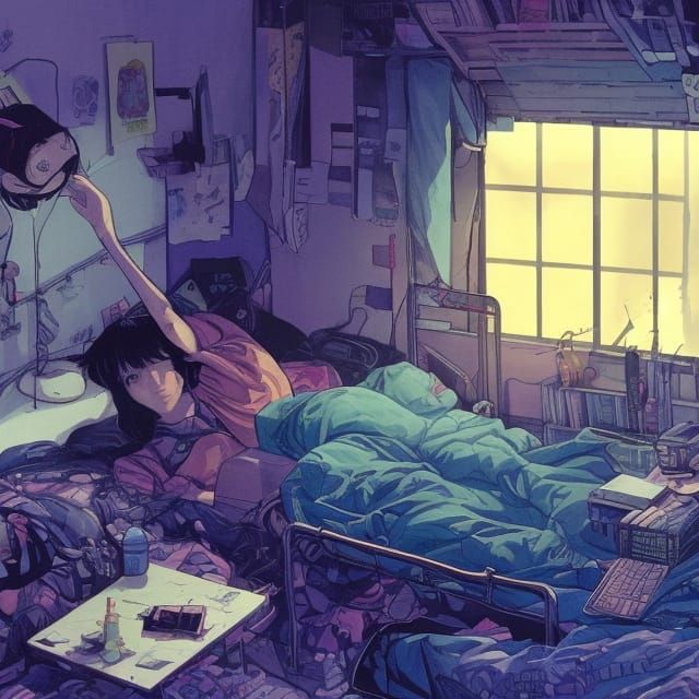 Cyberpunk Lo-Fi Room in Comic Book Style