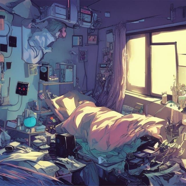 Cyberpunk Lo-Fi Room in Comic Book Style