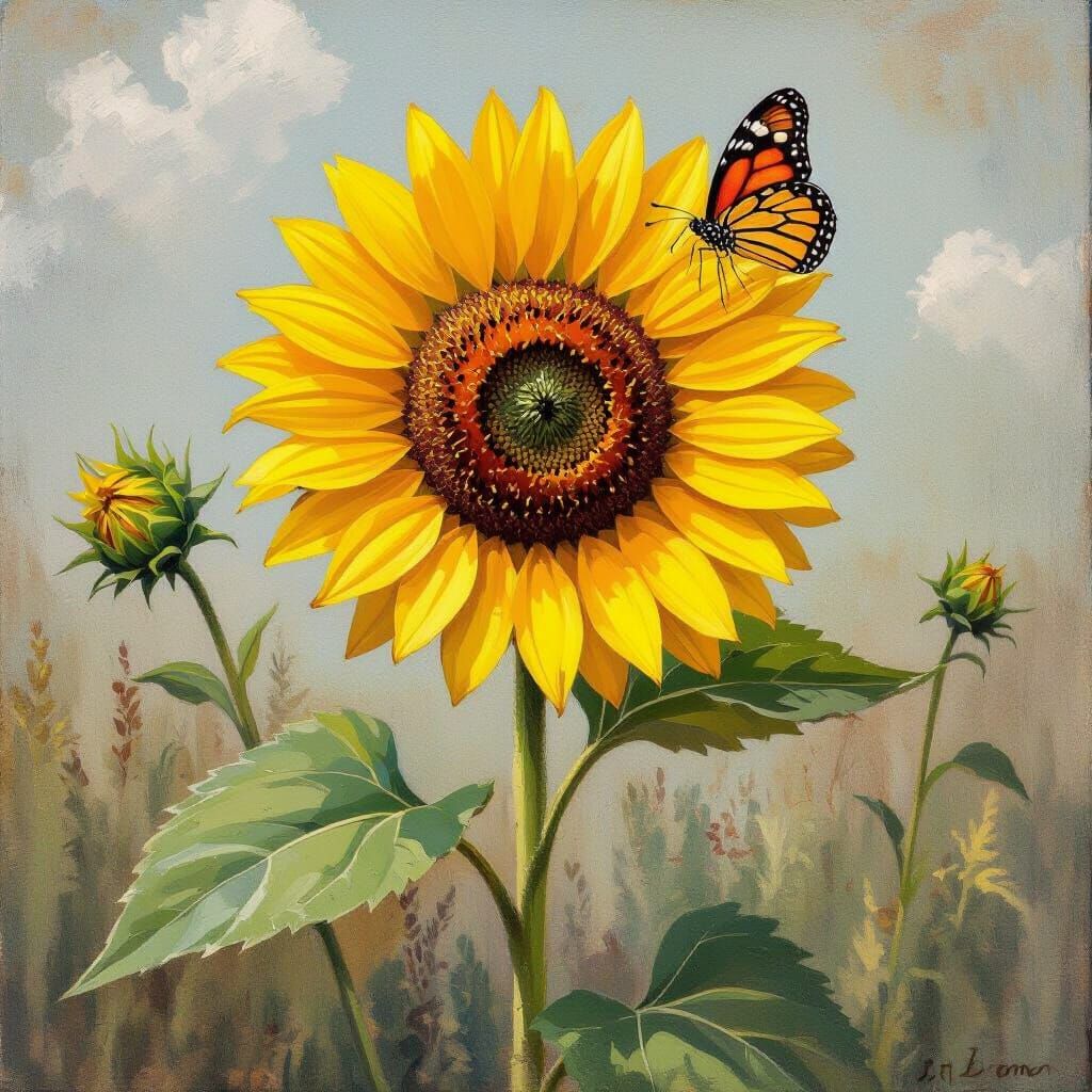 Sunflower with Butterfly in Impressionistic Style