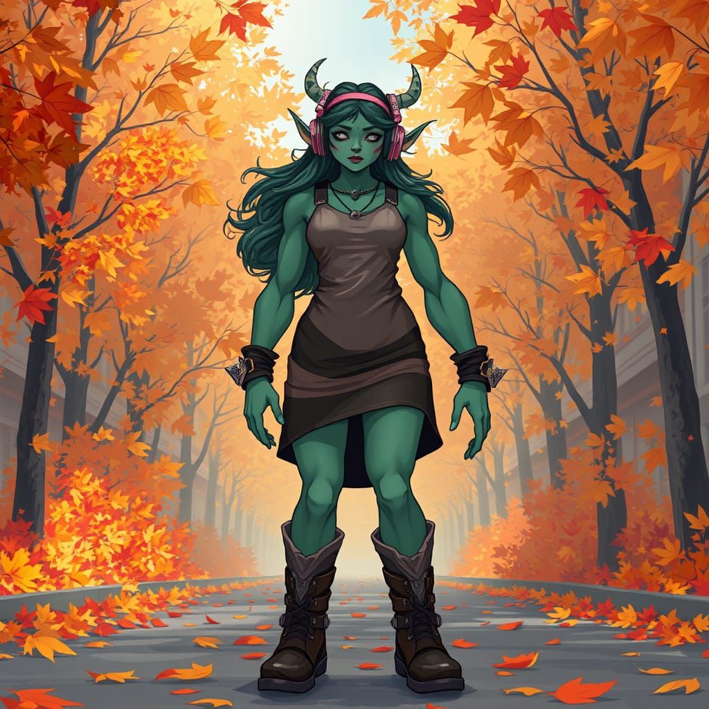 Orc Girl in Autumn Street: Digital Art