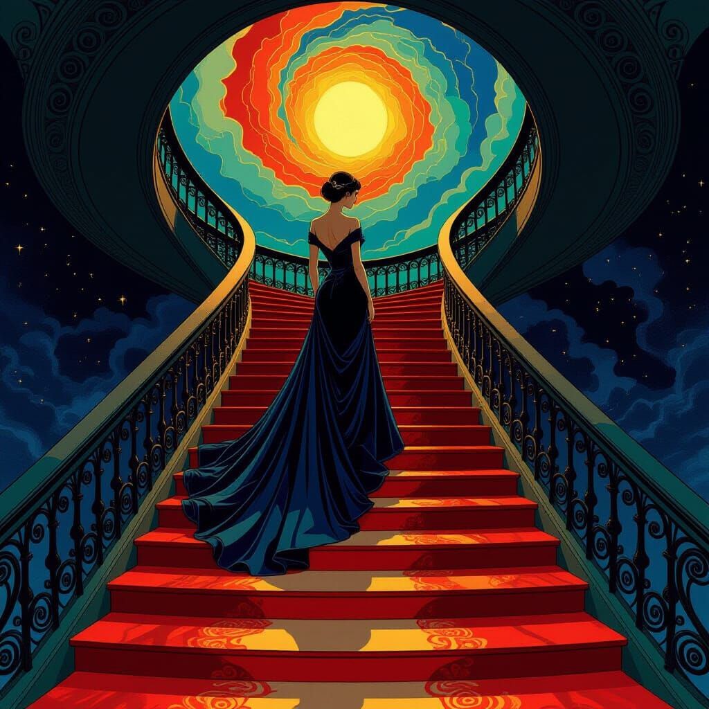 Woman on Infinite Escher Staircase in Cosmic Horror Void