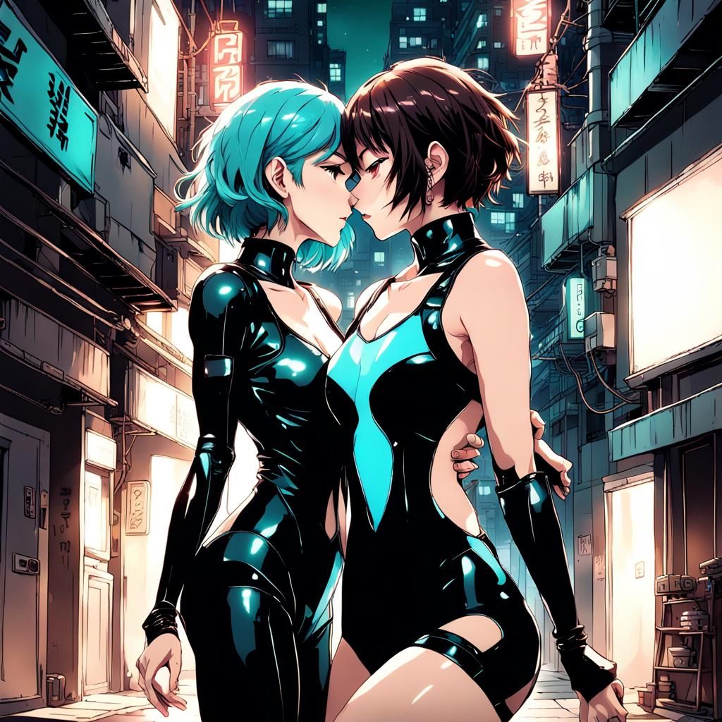Cyberpunk Embrace: Anime-Style Women in Cityscape