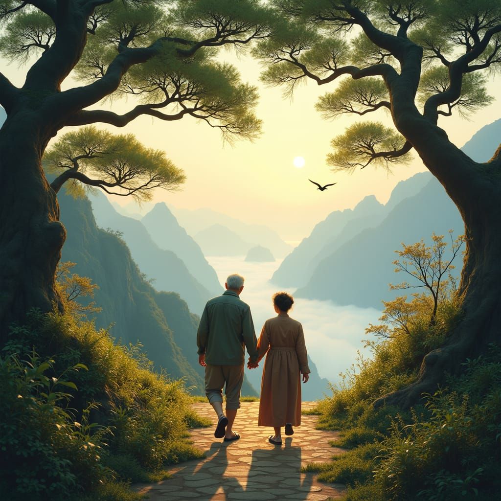 Taiwanese Couple Hiking at Sunset: Hyperrealistic Matte Pain...