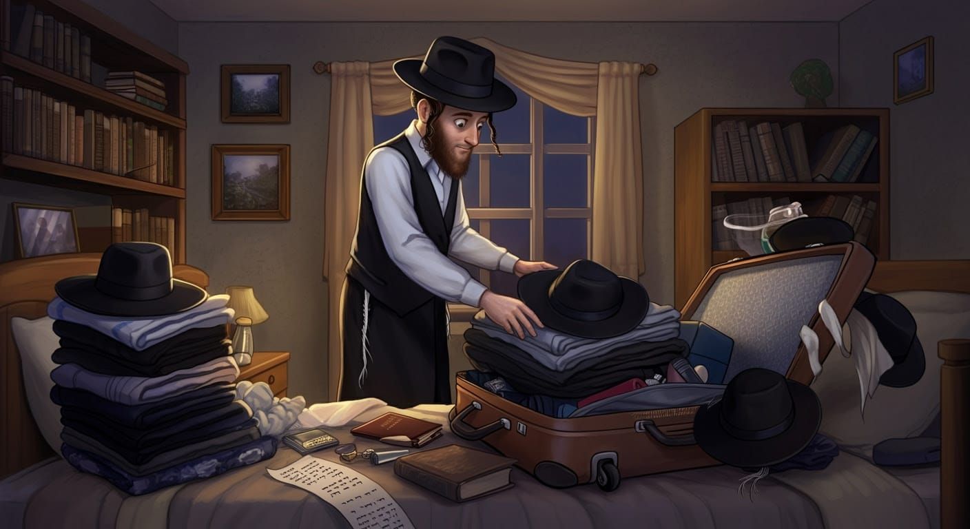 Hasidic Man's Humorous Vacation Packing in Comic Style