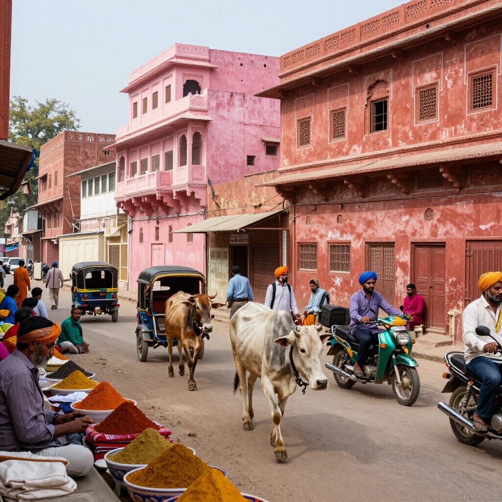 Bustling Jaipur Street Scene in Pink City, India