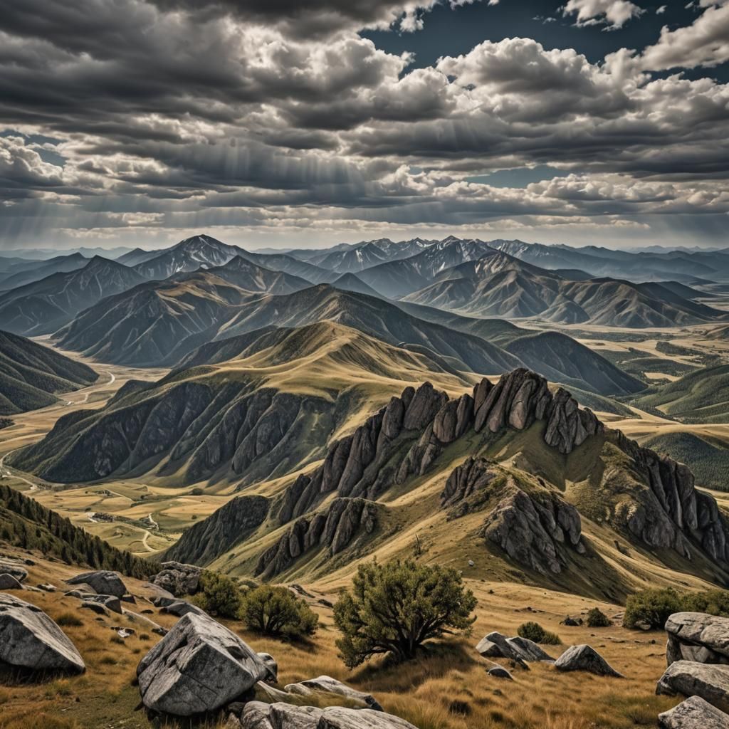 Hyperrealistic Mountains and Plains at Noontime