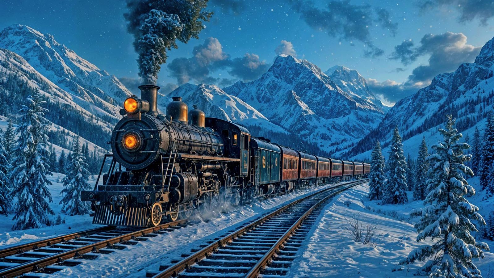 Steampunk Cyberpunk Train in Snowy Mountain Landscape