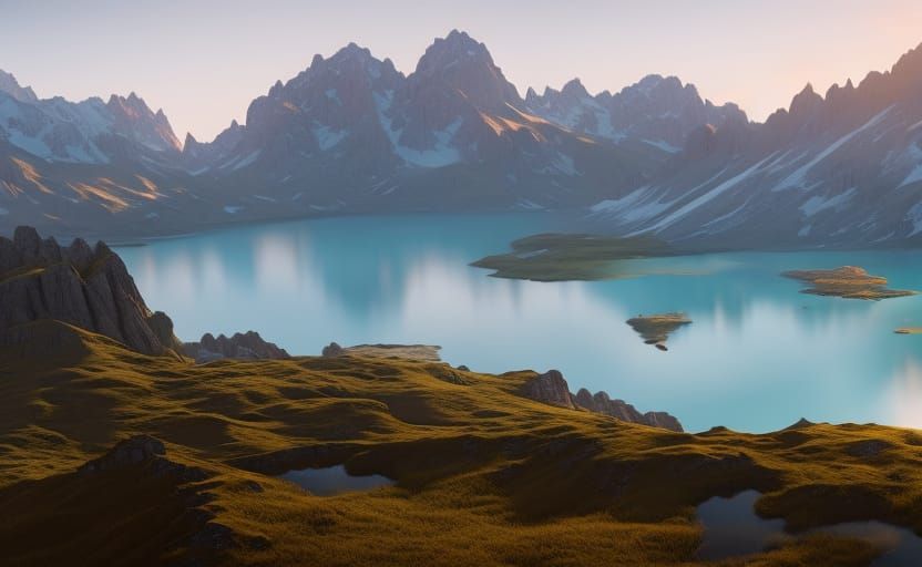 Mountains and Lake in Detailed Matte Painting Style