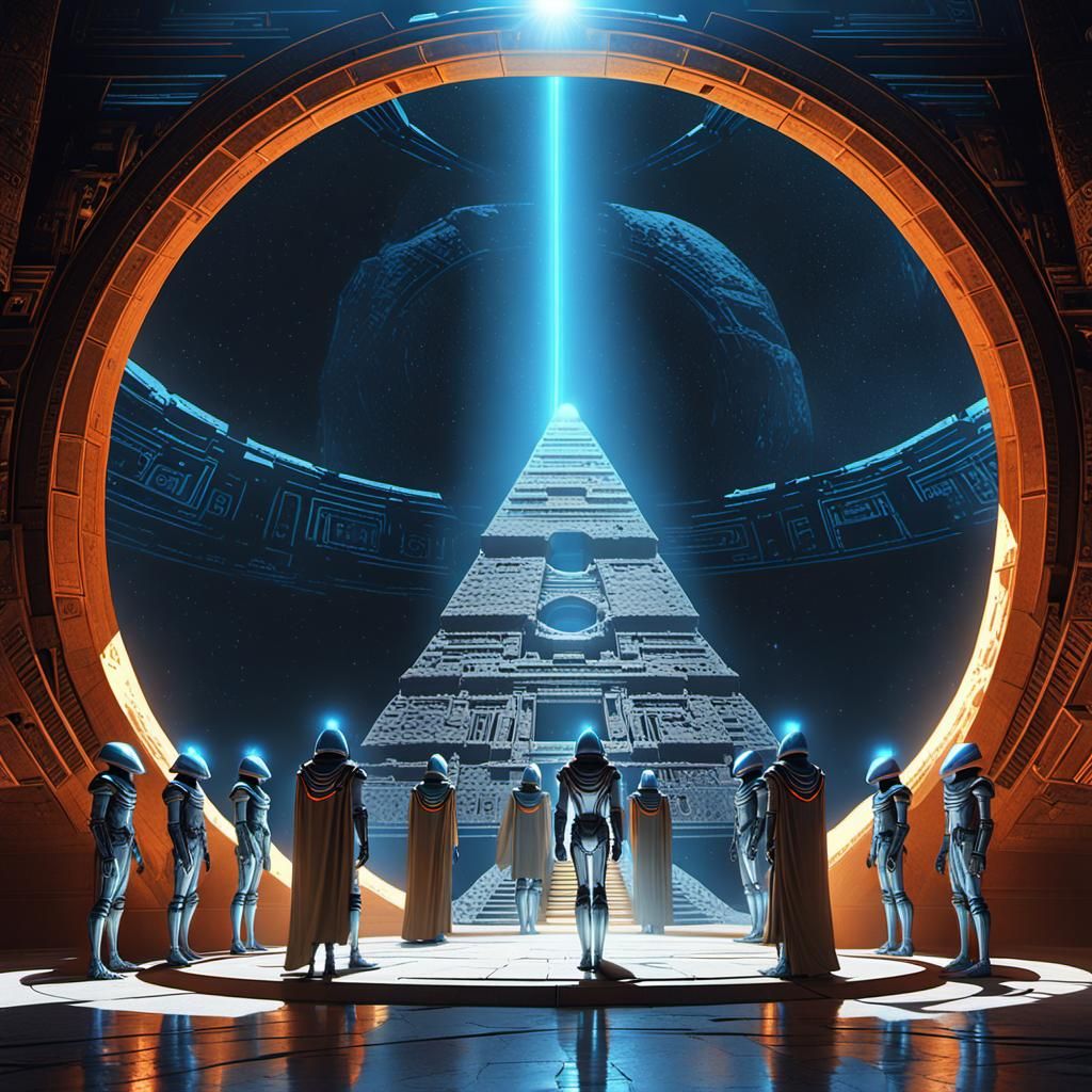 A group of futuristic silver alien beings are standing in fr...