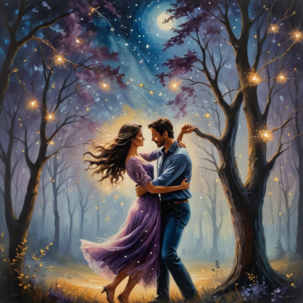 Romantic Couple Dancing Under Starry Night Sky