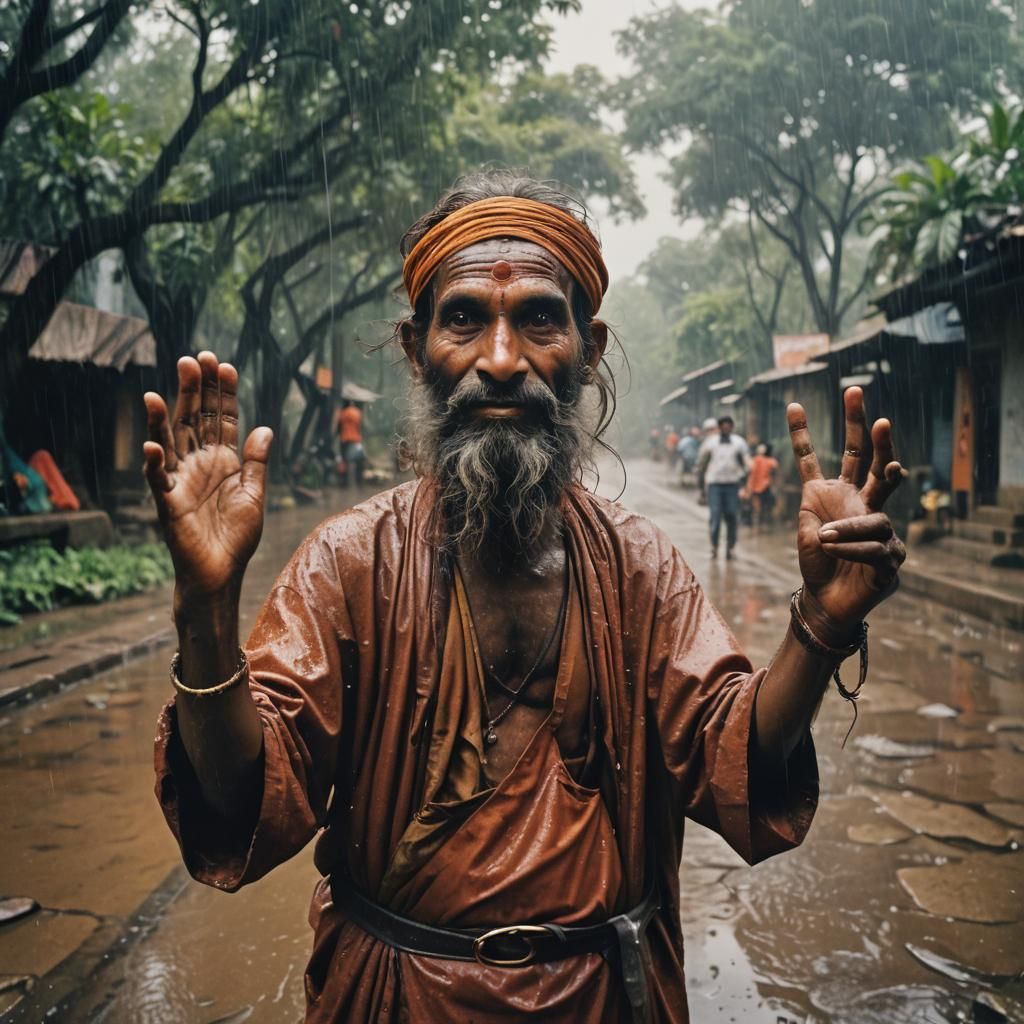 Indian Sadhu in Monsoon Rain with Monkey