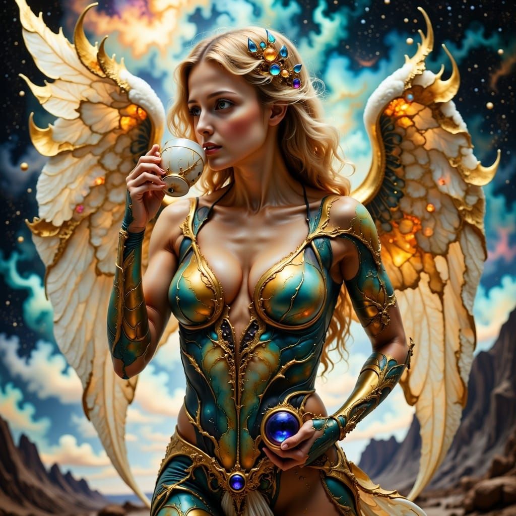 Angel Drinking Coffee in Hyperkraximalist Style