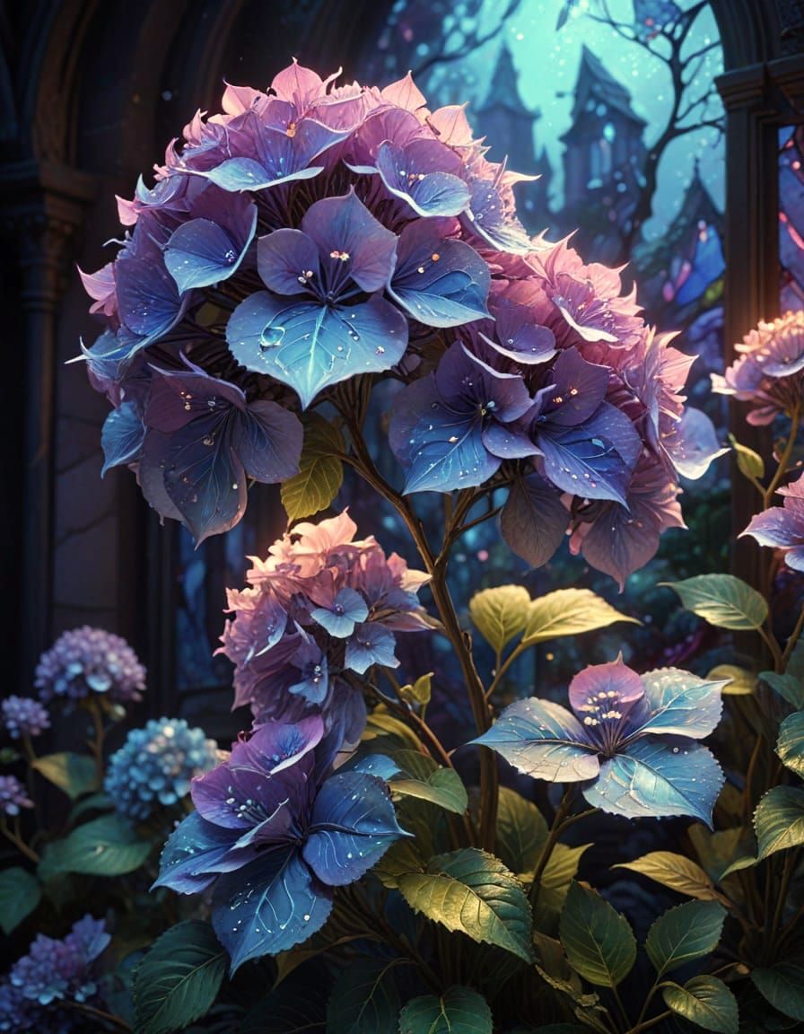 Mythical Stained Glass Hydrangeas in Celestial Light