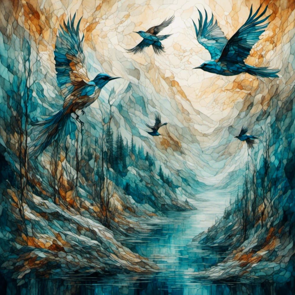 Abstract Watercolor Landscape with Birds and Rivers