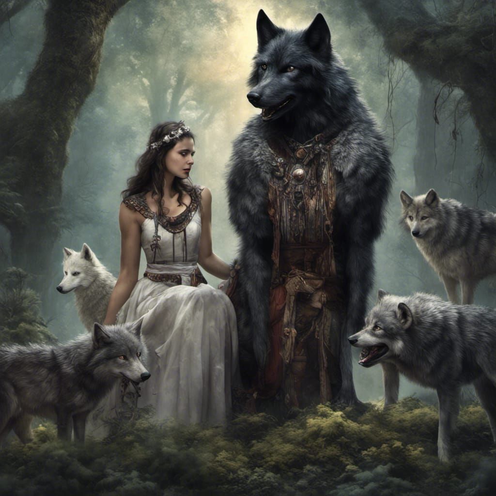 Cherokee Couple with Wolves in Ancient Forest