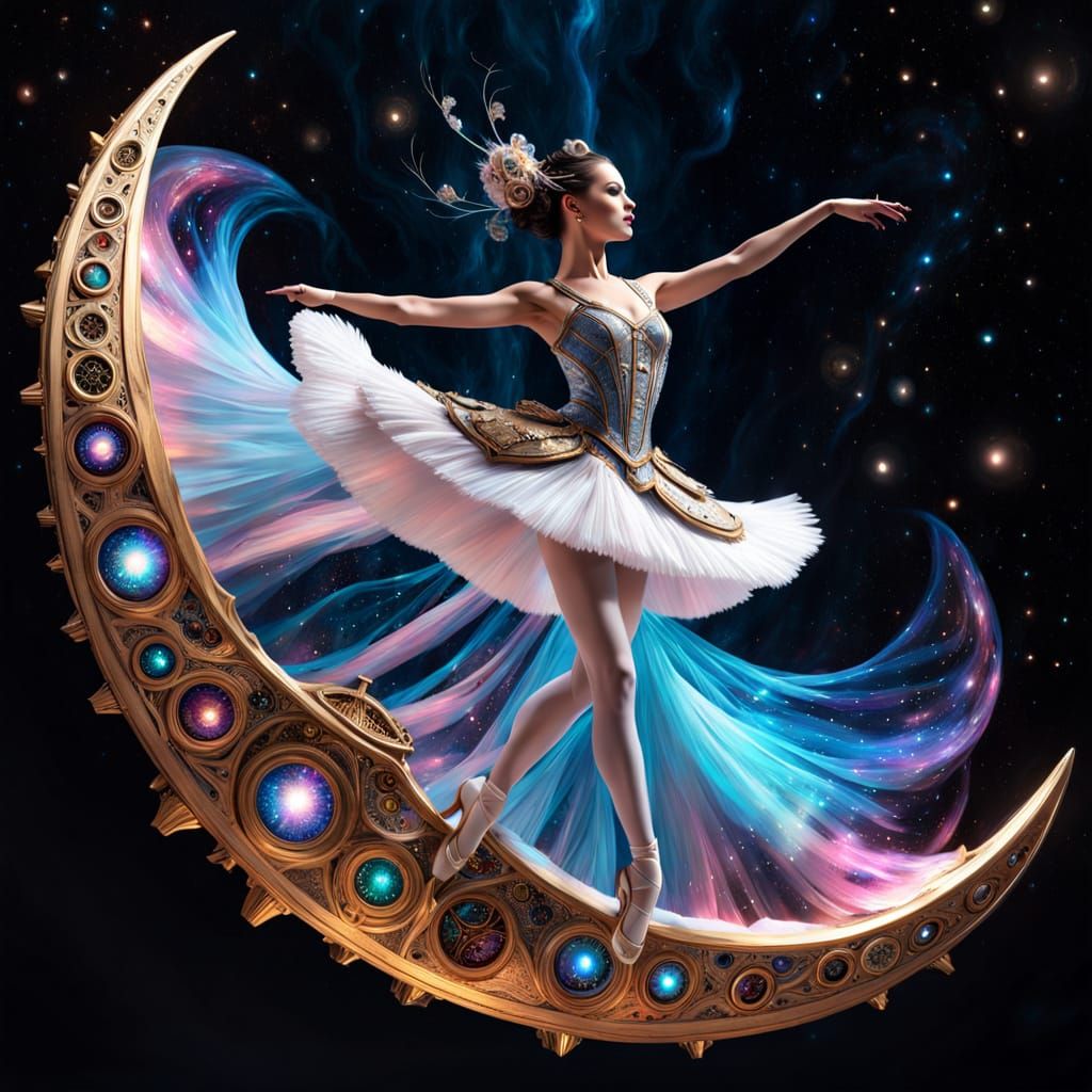 Steampunk Ballerina on Crescent Starship in Nebula