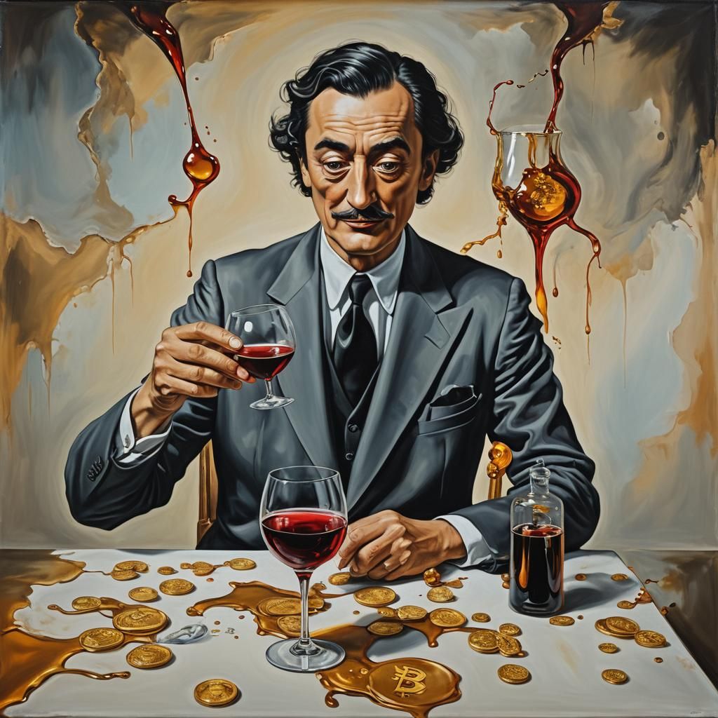 Salvador dali drinking a bitcoin wine