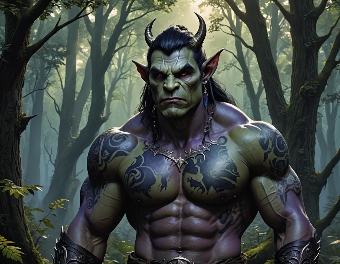 Handsome Orc in Enchanted Forest, Hyperrealistic Wide Angle