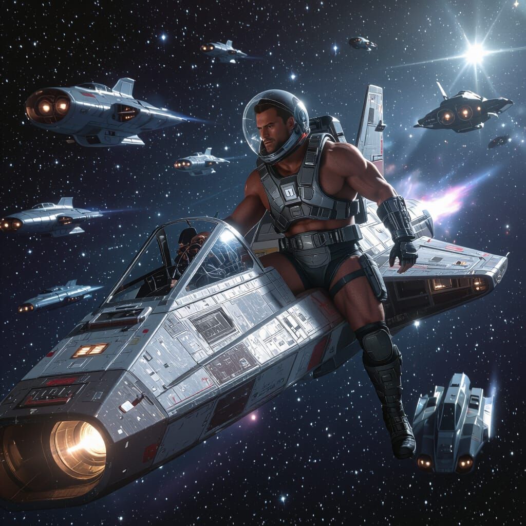 Ancient Spaceship Hero Guards Galaxy Amidst Sparkling Stars