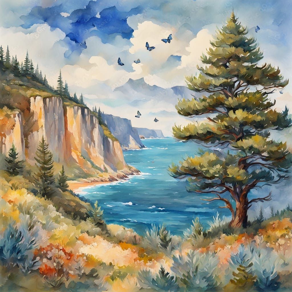 Towering Cliffs Lead to a Serene Blue Sea in a Vibrant Gouac...