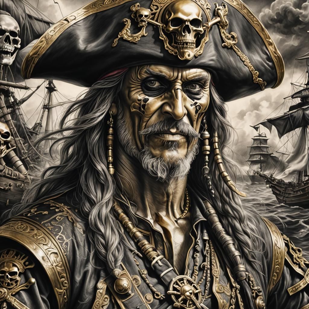 Hyperdetailed Charcoal Drawing of a Golden Pirate