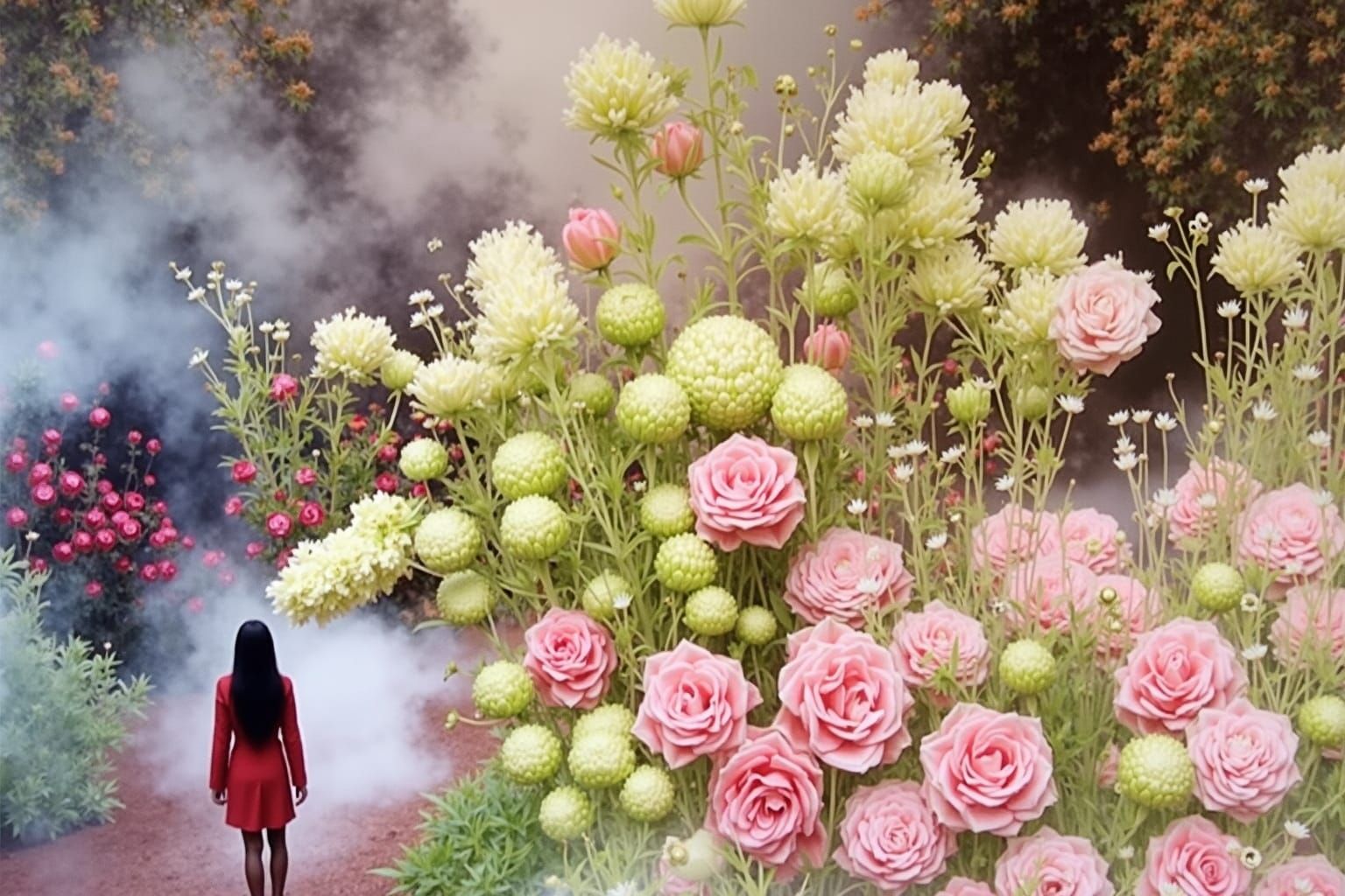 Ethereal Woman Hidden in Lush Pale Pink Garden