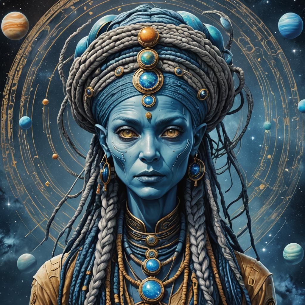 Benevolent Blue Alien Woman Navigating Cosmic Portals