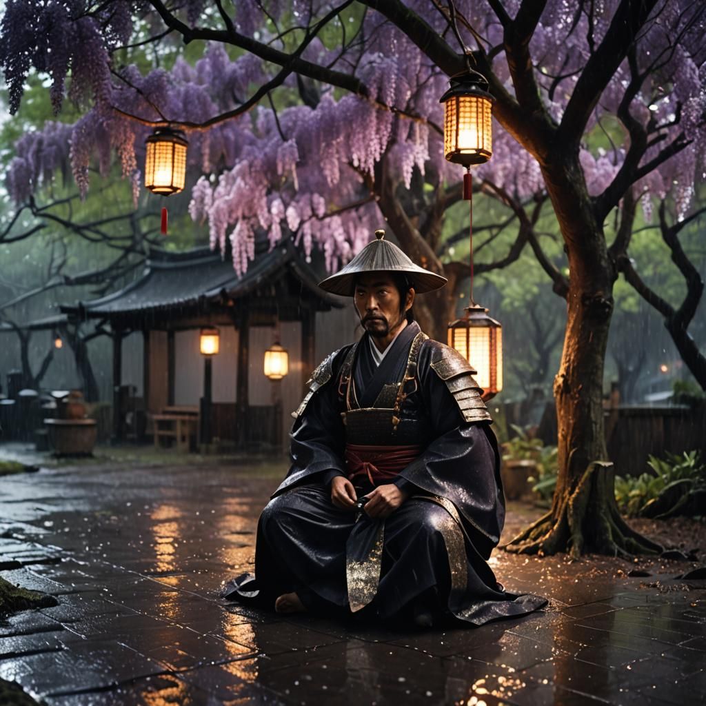 Samurai in Rainy Scene with Lantern