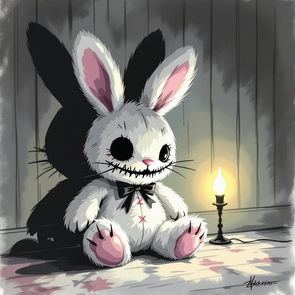 Creepy Plush Rabbit Lurking in Shadows