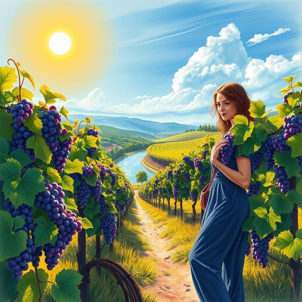 Surreal Italian Vineyard Scene with Purple and Green Grapes