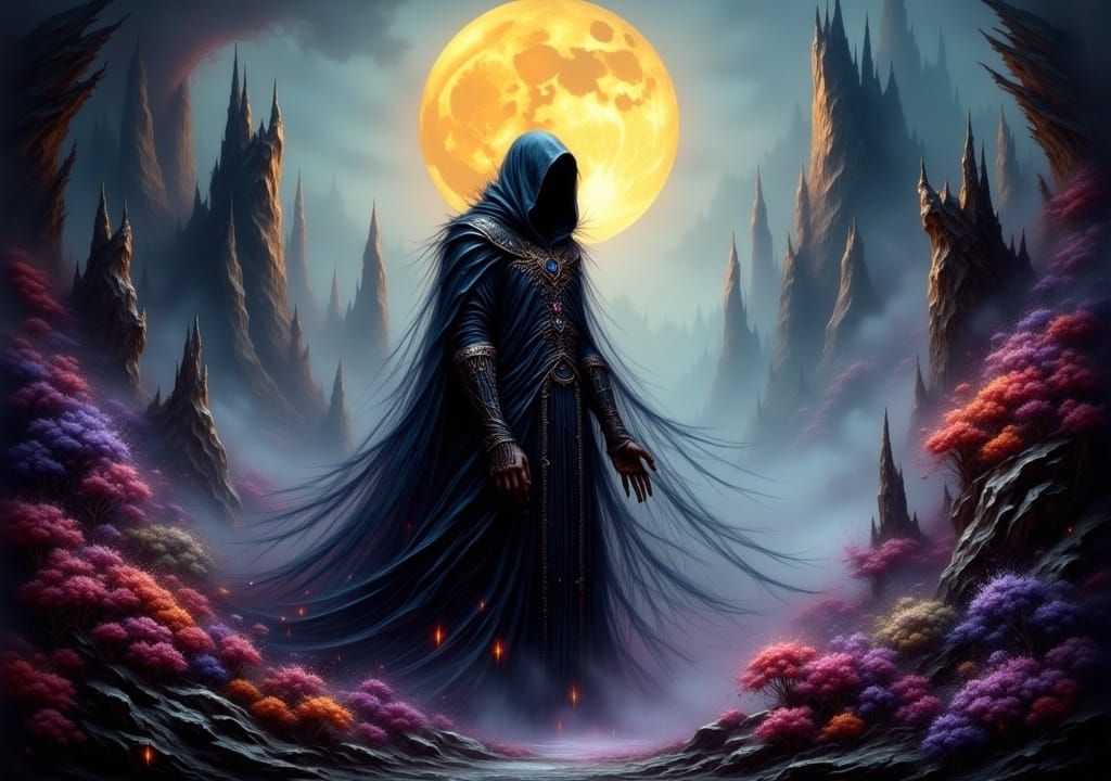 Mystical Figure in Ethereal Moonlight: Dark Fantasy