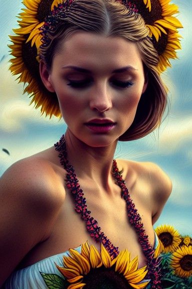 Ukrainian Woman in Sunflower Field: Hyperrealistic Noir