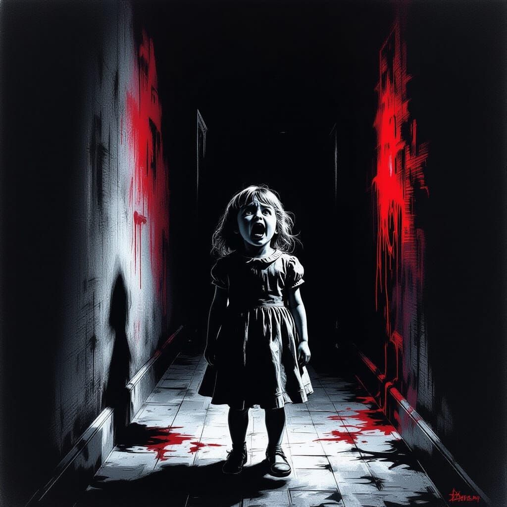 Scary Gothic Horror Scene: Girl Screaming in Dark Corridor