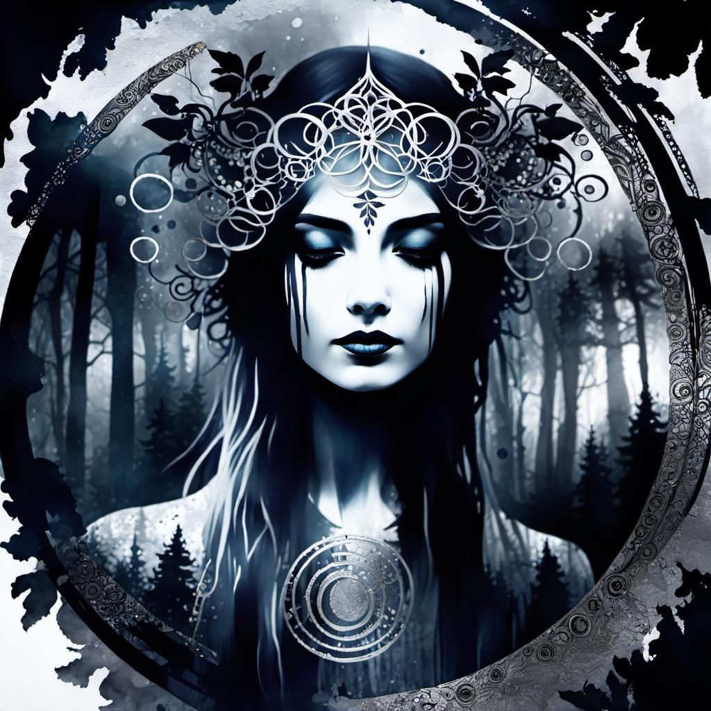 Eerie Fairy Portrait in Misty Forest, Watercolor Art