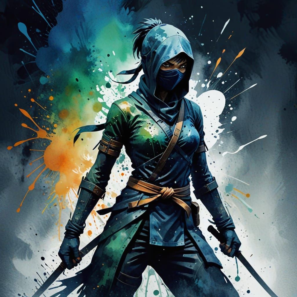 Sultry Anime-Inspired Ninja Assassin in Watercolor and Ink