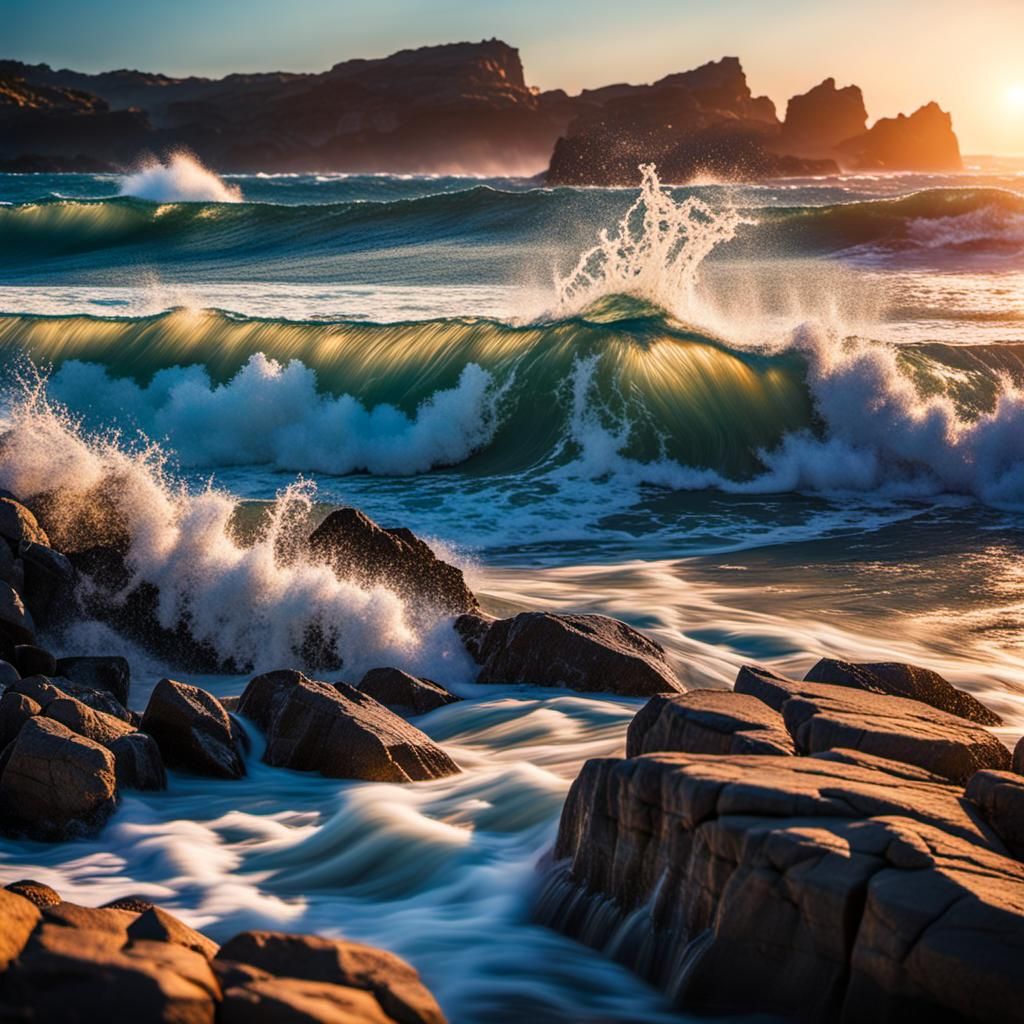 Sunset beach, crashing waves, rocky terrain, shadows, hyper ...