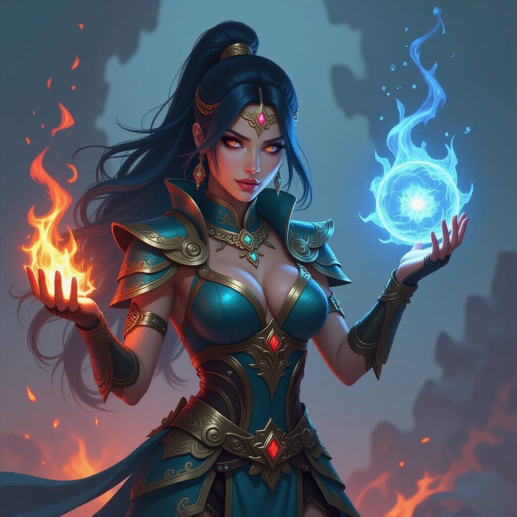 Goddess Wielding Fire and Ice Magic in Vibrant Digital Art
