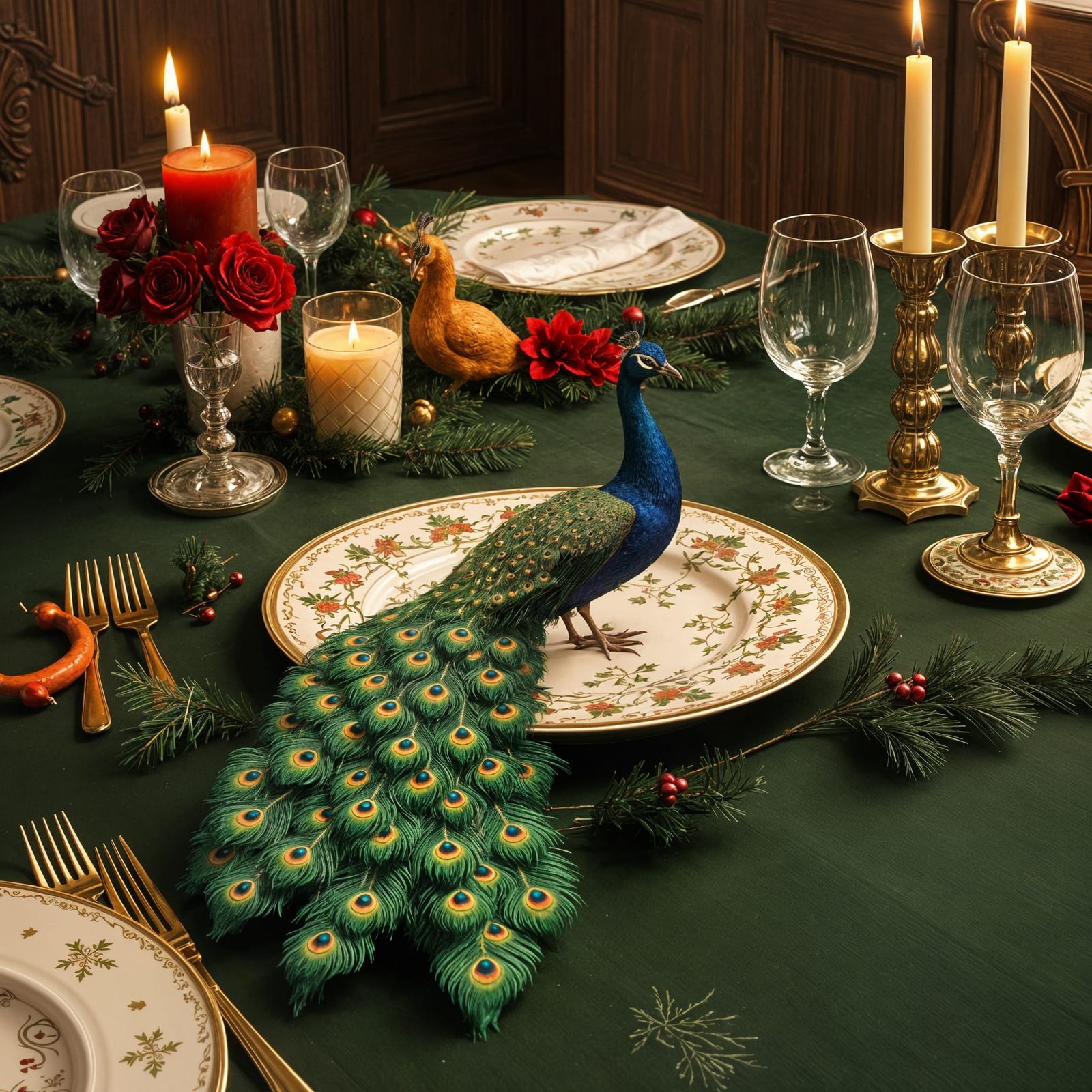 Surreal Christmas Table Scene with a Majestic Peacock