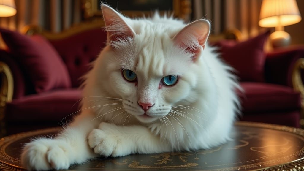 Elegant White Cat Grooming, Cinematic Lighting