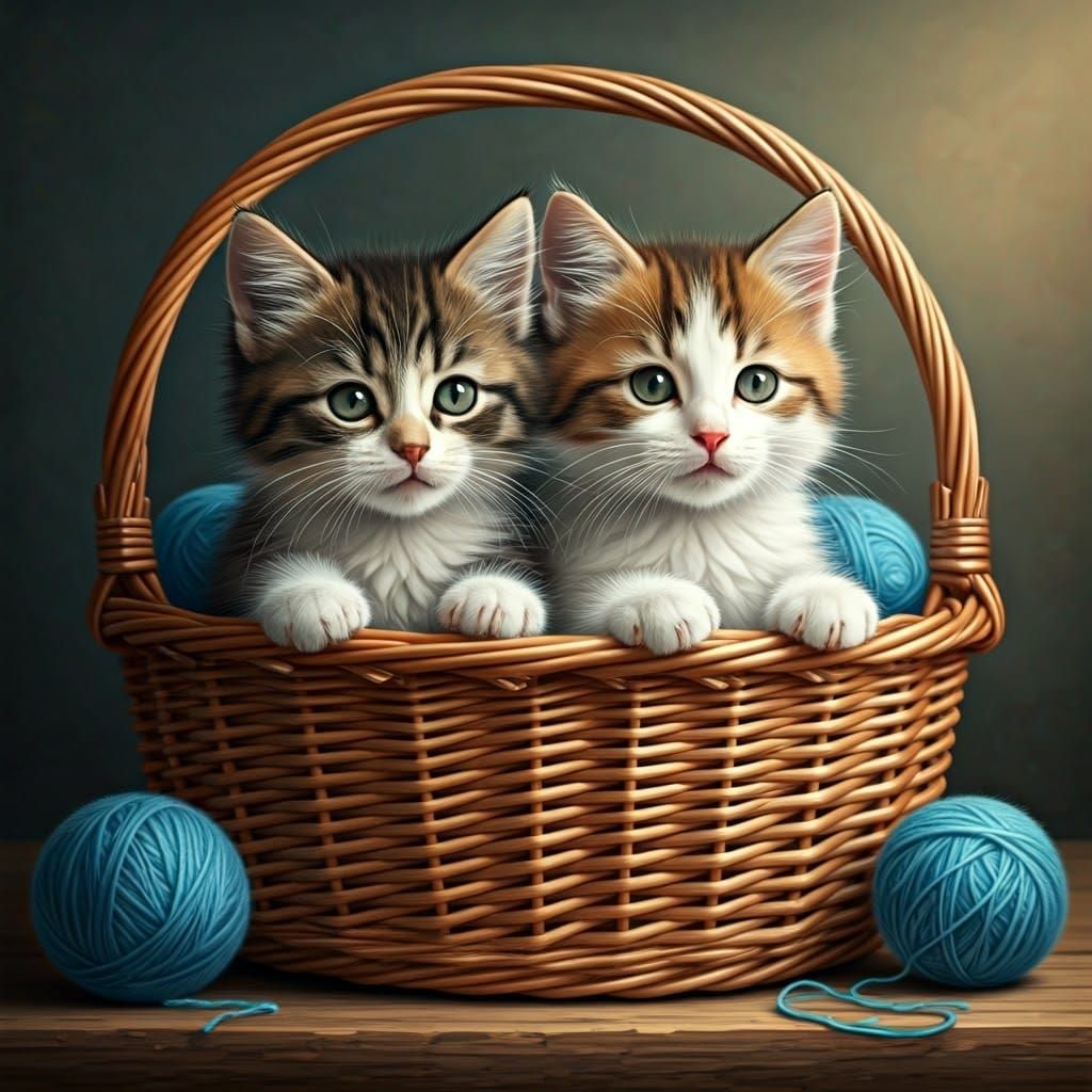 Adorable Kittens in Basket with Wool Balls