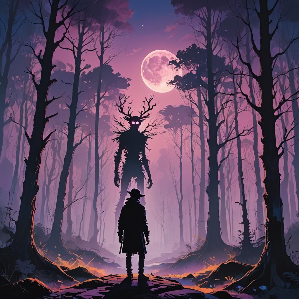 Ethereal Forest: Silhouetted Figure in Dreamlike Concept Art