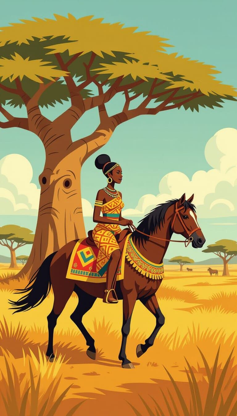 African Woman Riding Horse in Savanna Flat Design Style