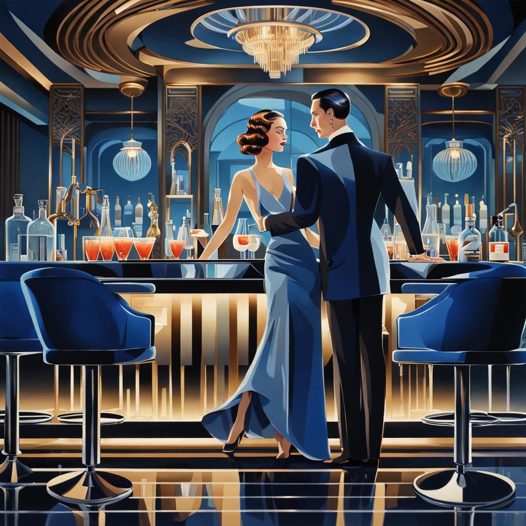 Elegant Art Deco Night Bar Scene in Gouache
