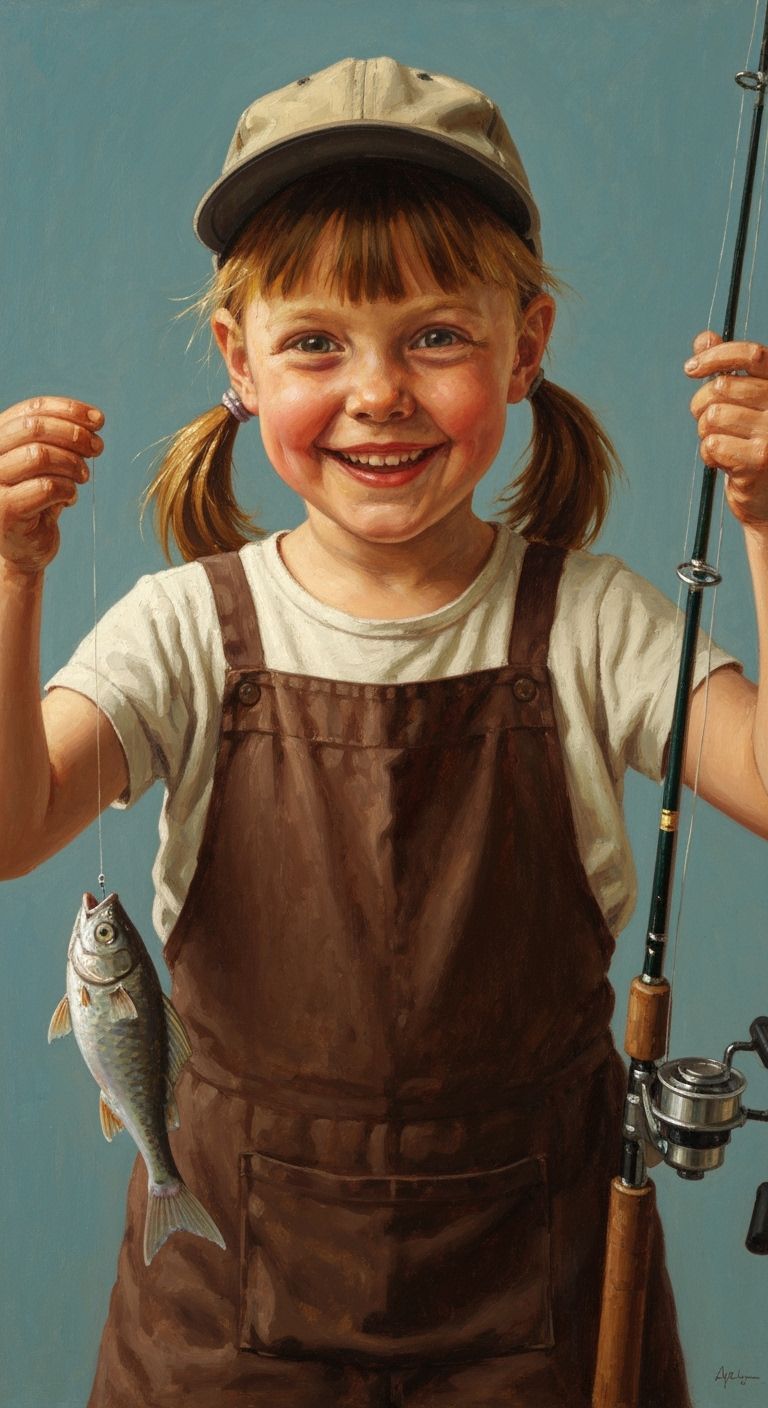 Happy Girl With Fish, Oil Painting Portrait