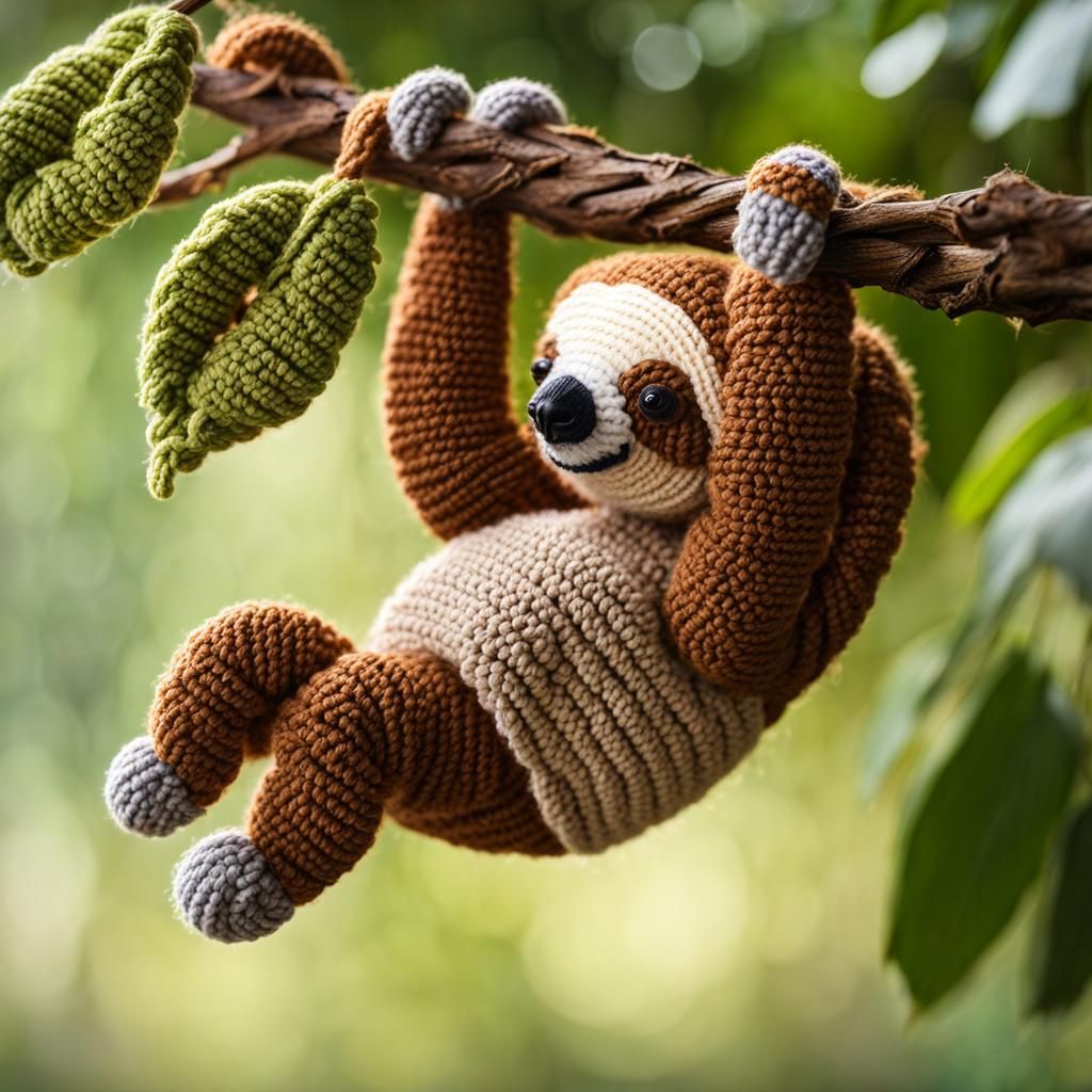 Cute Crochet Sloth Hanging in Rainforest