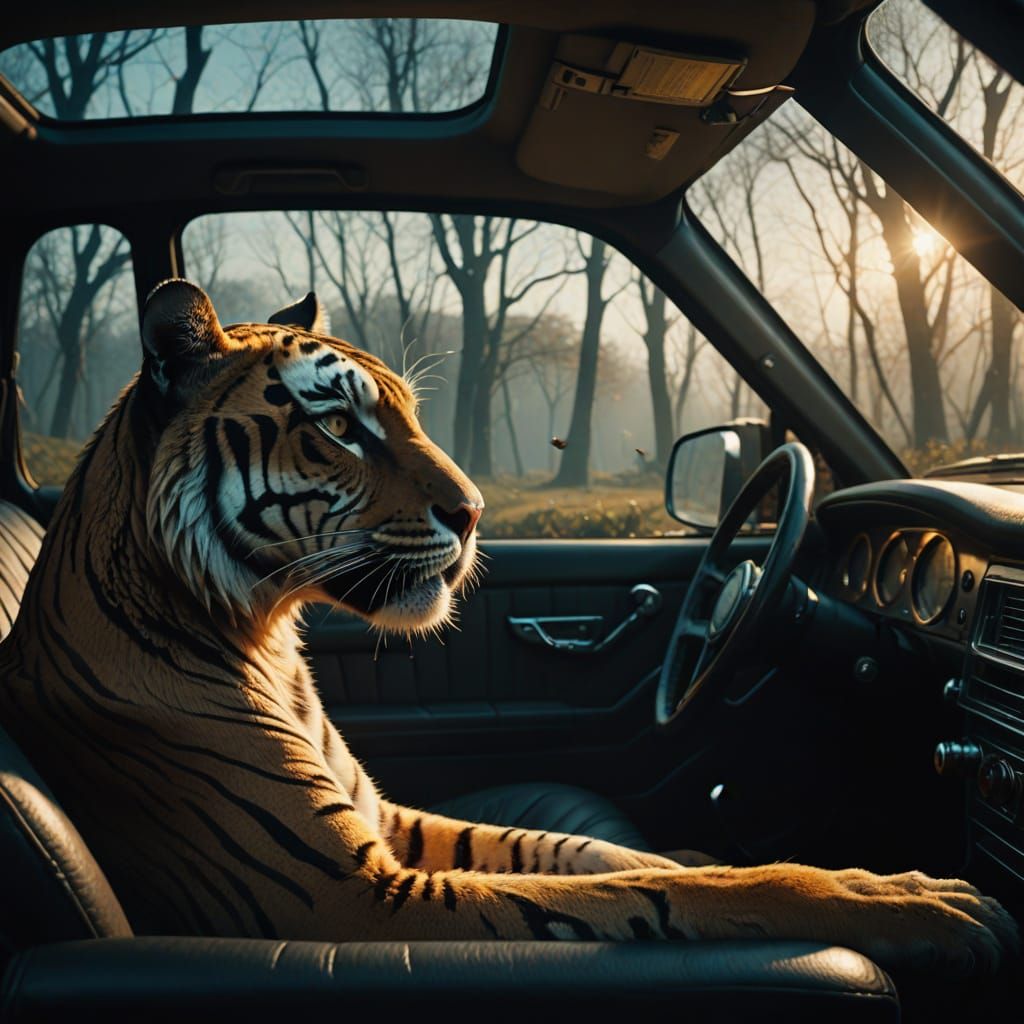Surreal Close-Up of a Car's Interior with a Dove Driving and...